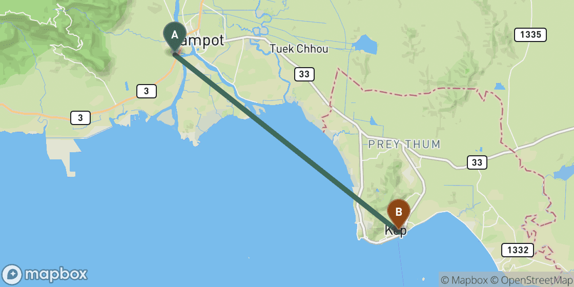 Map showing route from Kampot to Kep - 21 km