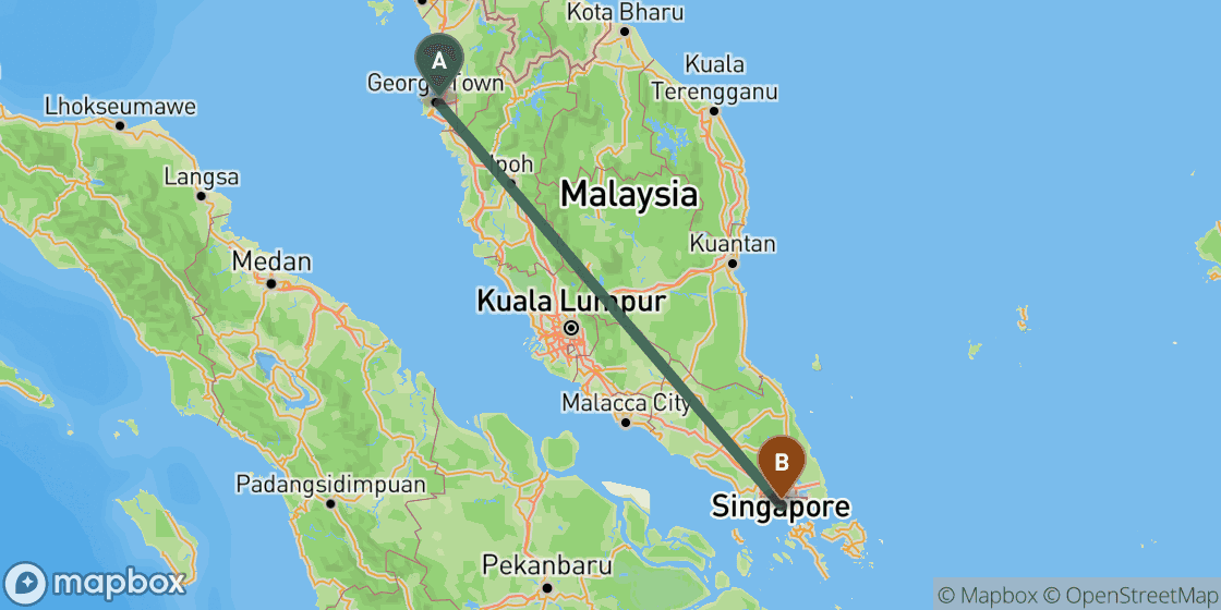 Kaart met de route van Penang naar Singapore - 587 km