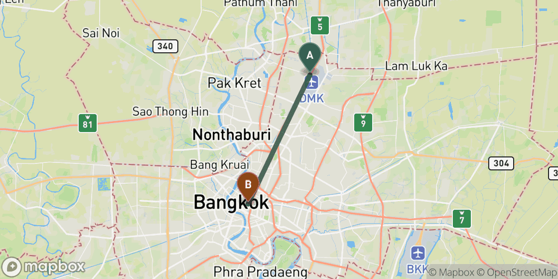 Map showing route from Don Muang Airport to Bangkok City Centre - 22 km