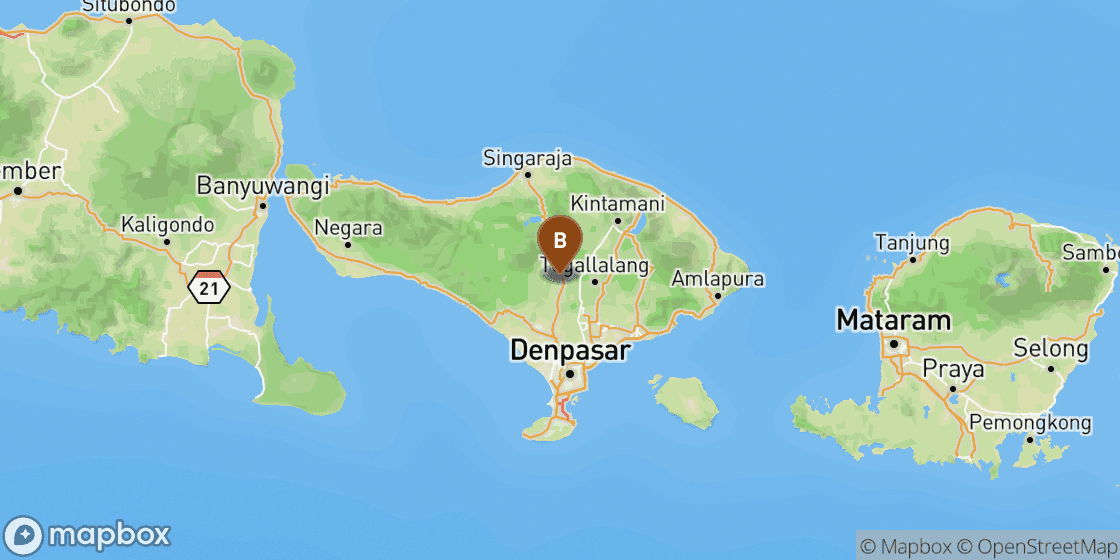 Map showing route from Bali Airport to Bali City Centre - 14 km