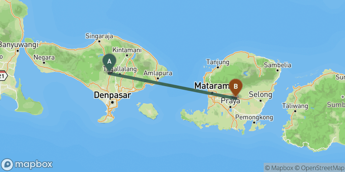 Map showing route from Bali to Lombok - 126 km