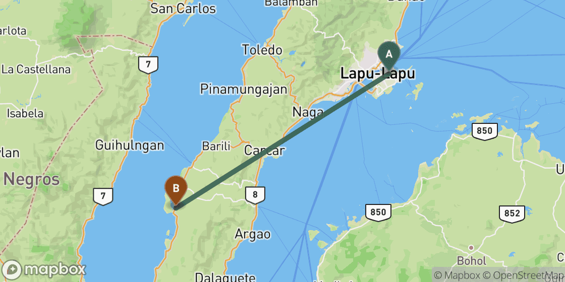 Kaart met de route van Cebu naar Moalboal - 67 km