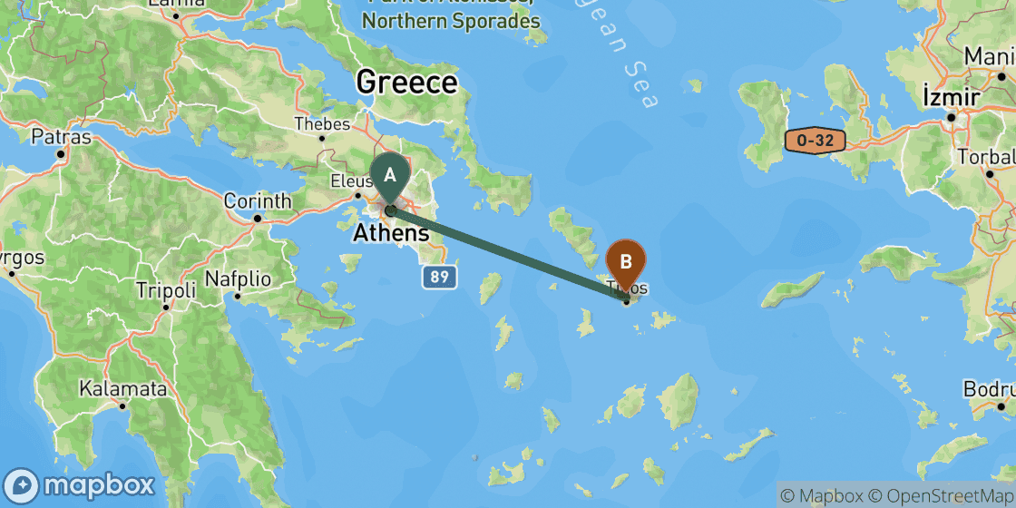 Mapa que muestra la ruta de Athens a Tinos - 130 km