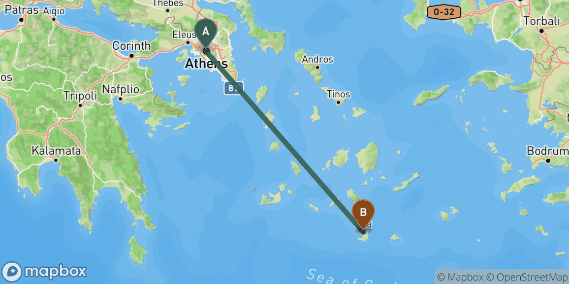 Map showing route from Athens to Santorini - 230 km