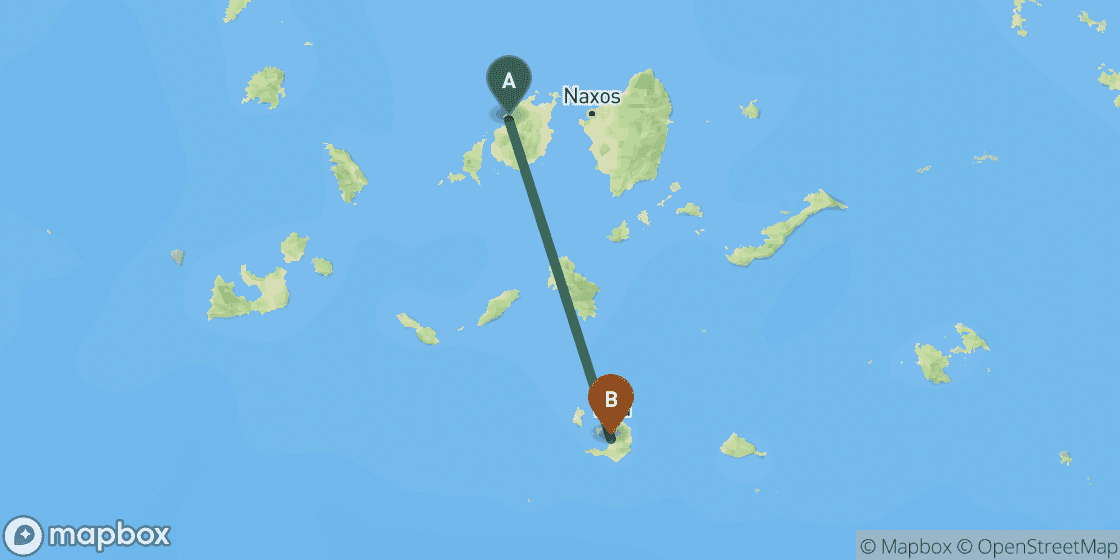 Karte mit der Route von Paros nach Santorini - 74 km