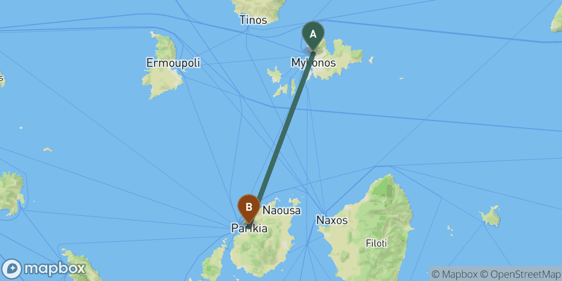 Karte mit der Route von Mykonos nach Paros - 46 km
