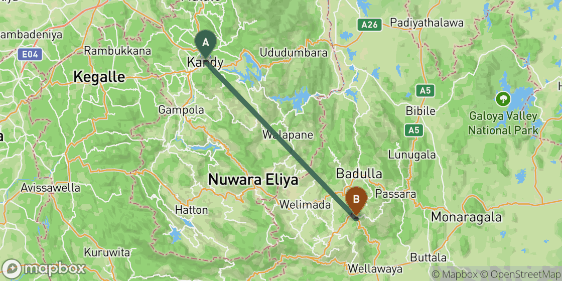 Map showing route from Kandy to Ella - 66 km