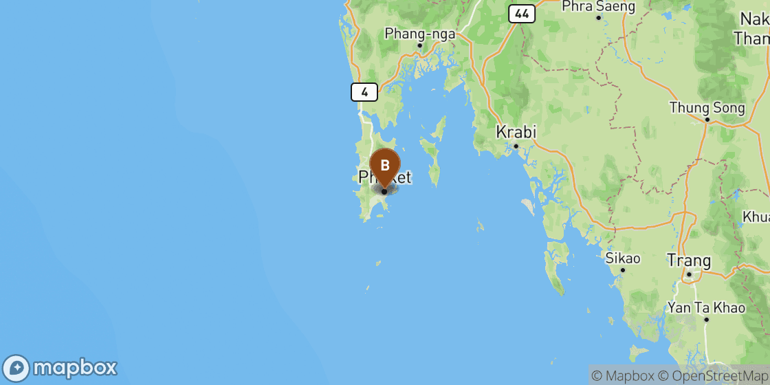 Map showing route from Phuket Airport to Phuket City Centre - 30 km