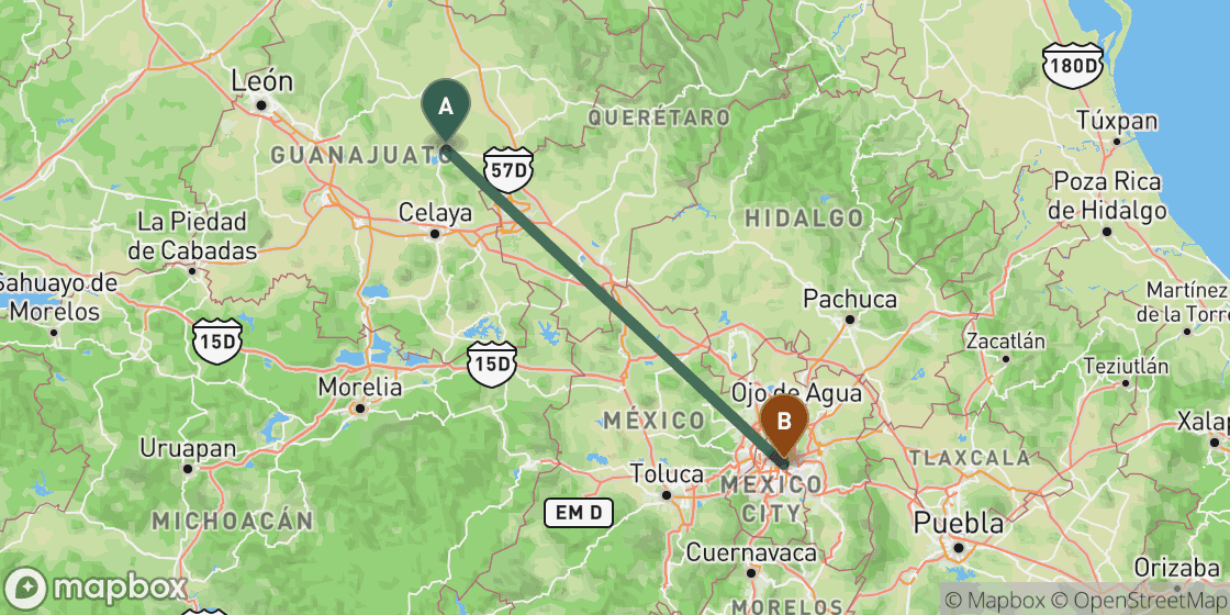 Carte montrant l’itinéraire de San Miguel de Allende à Mexico City - 242 km