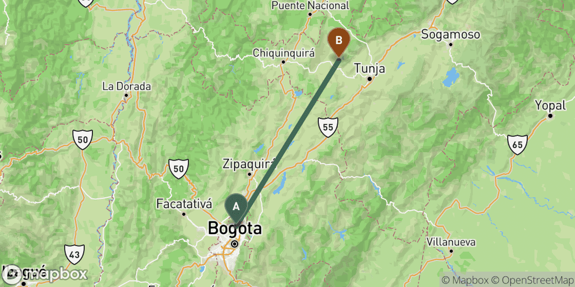Map showing route from Bogota to Villa de Leyva - 130 km