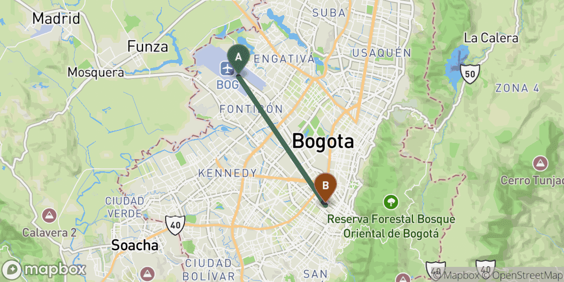 Kaart met de route van Bogota Airport naar Bogota City Centre - 15 km