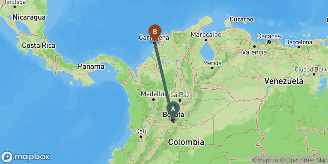 Kaart met de route van Bogota naar Cartagena - 666 km