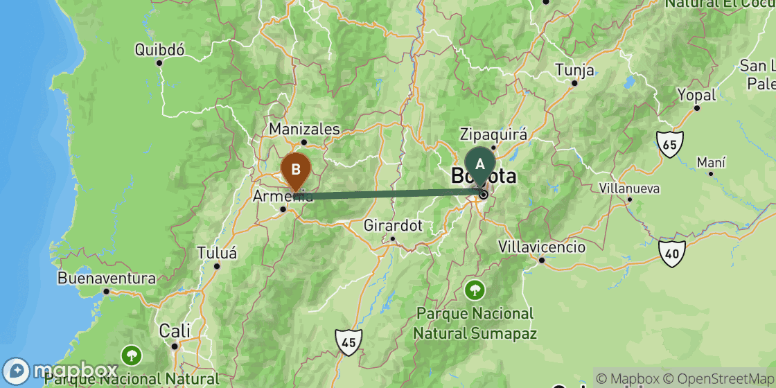 Mapa que muestra la ruta de Bogota a Salento - 165 km
