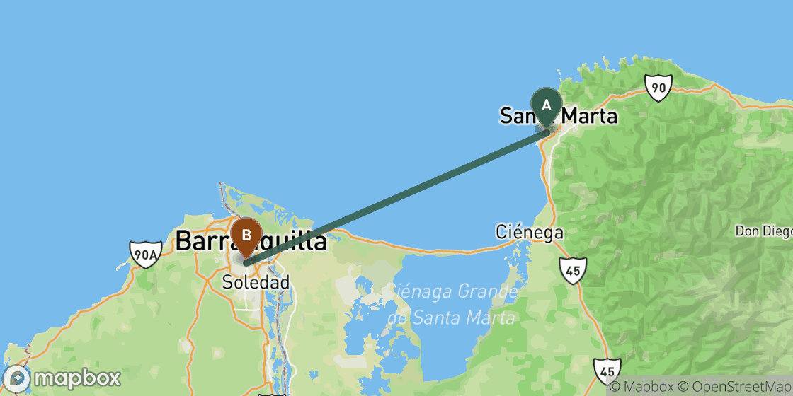 Kaart met de route van Santa Marta naar Barranquilla - 71 km