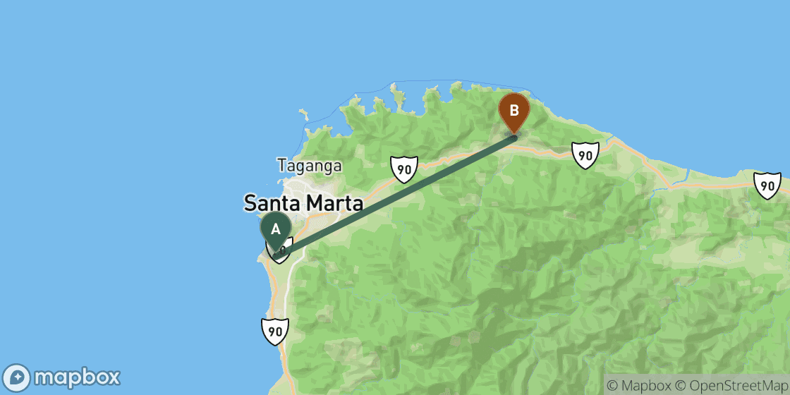 Kaart met de route van Santa Marta naar Tayrona - 32 km