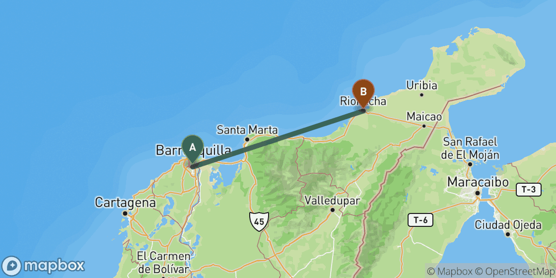 Mapa que muestra la ruta de Barranquilla a Tayrona - 102 km
