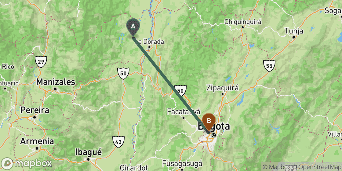 Carte montrant l’itinéraire de Medellin à Bogota - 246 km
