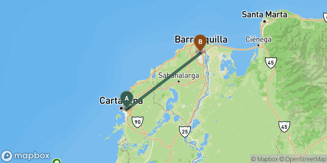 Map showing route from Cartagena to Barranquilla - 101 km
