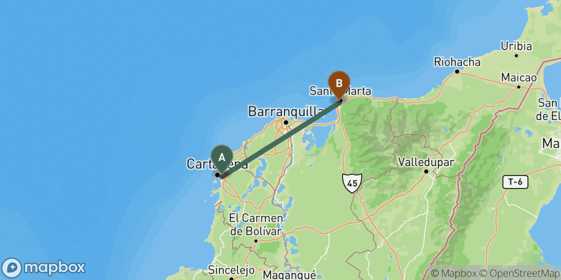 Map showing route from Cartagena to Santa Marta - 170 km