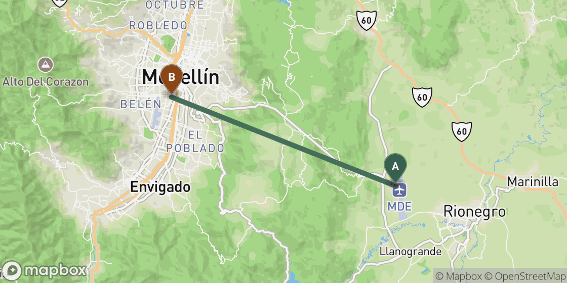 Kaart met de route van Medellin Airport naar Medellin City Centre - 20 km