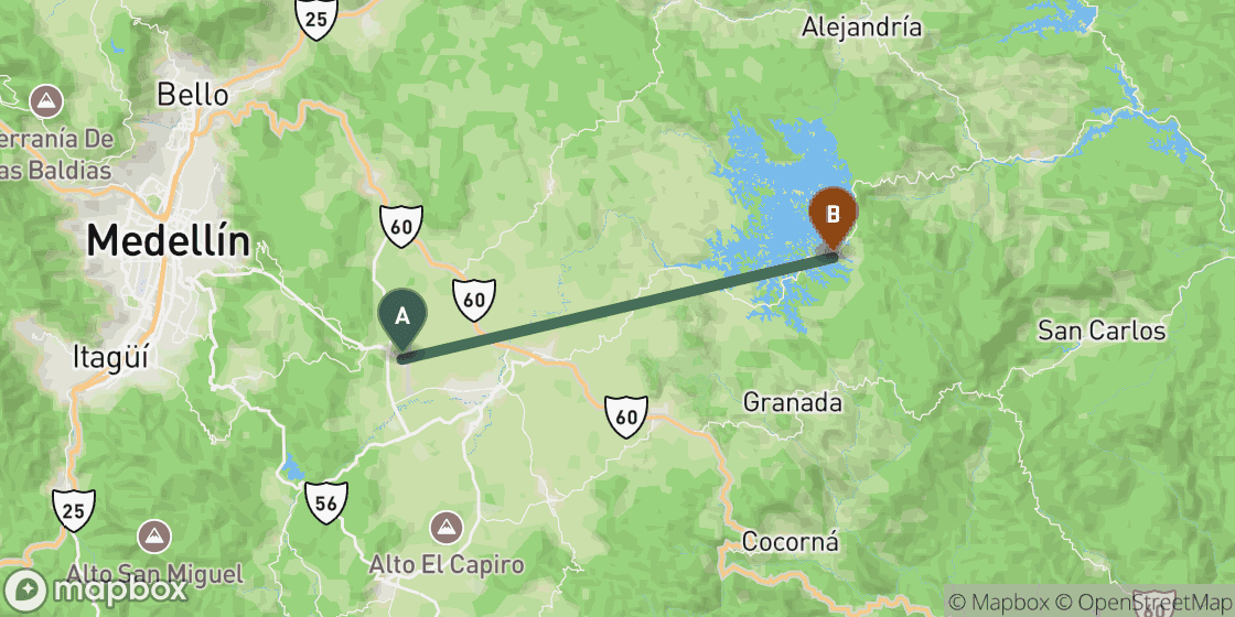 Karte mit der Route von Medellin nach Guatape - 45 km