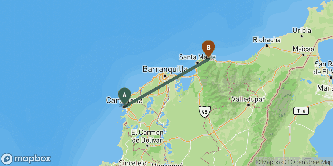 Mapa que muestra la ruta de Cartagena a Tayrona - 200 km