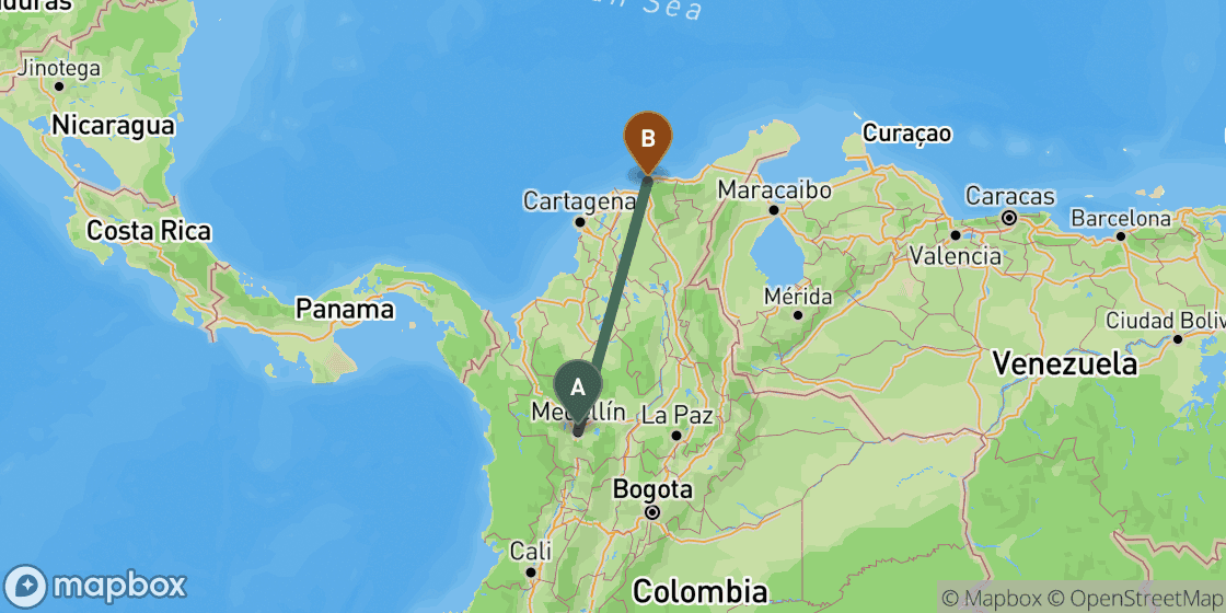 Carte montrant l’itinéraire de Medellin à Santa Marta - 574 km