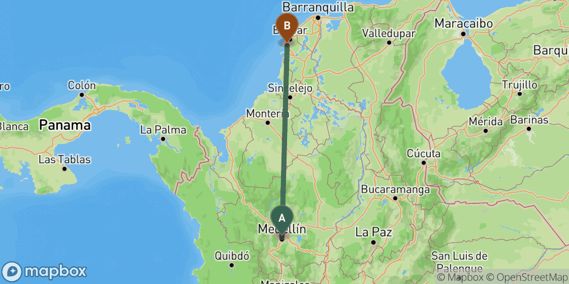 Carte montrant l’itinéraire de Medellin à Cartagena - 464 km