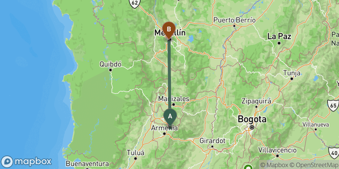 Mapa que muestra la ruta de Salento a Medellin - 179 km