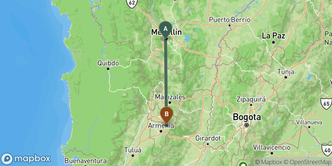 Mapa que muestra la ruta de Medellin a Salento - 179 km