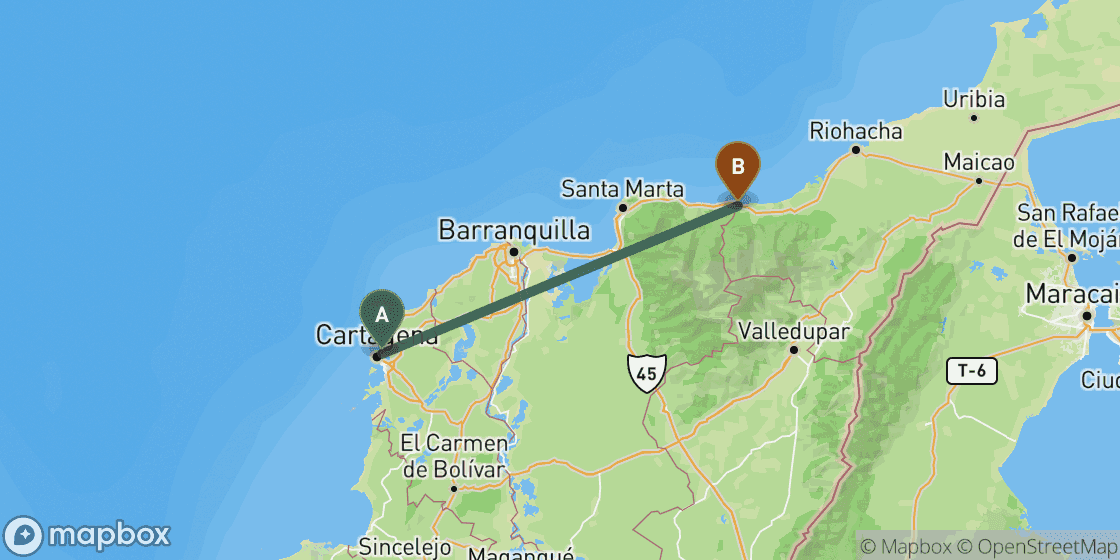 Mapa que muestra la ruta de Cartagena a Palomino - 233 km