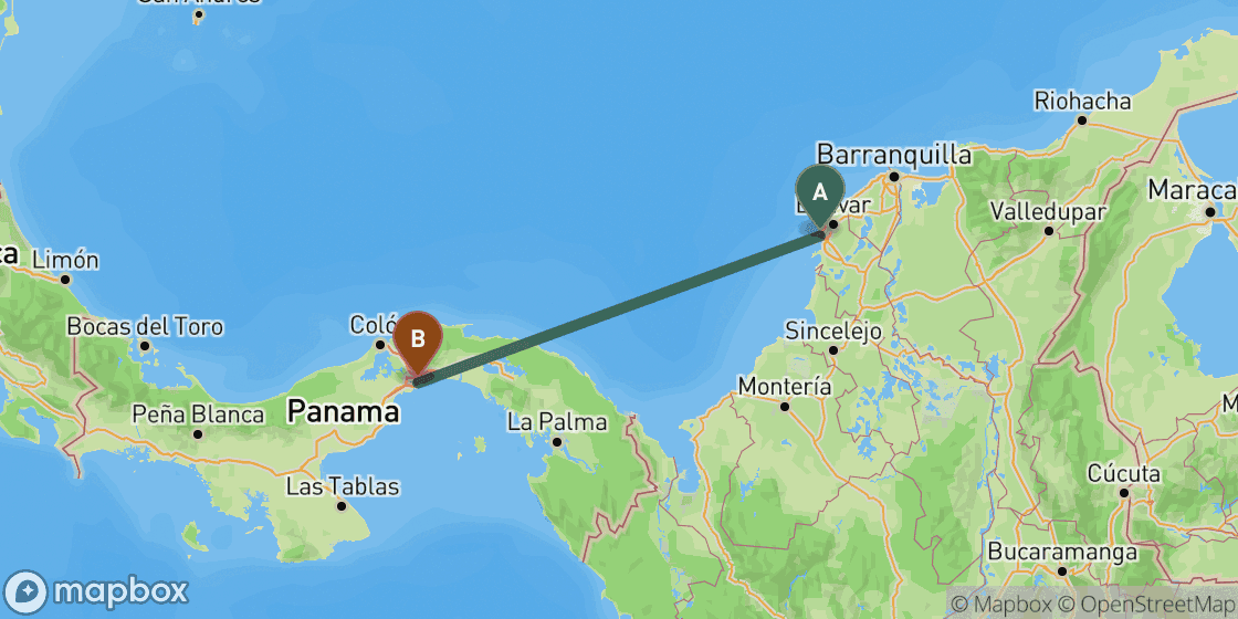 Kaart met de route van Cartagena naar Panama City - 467 km