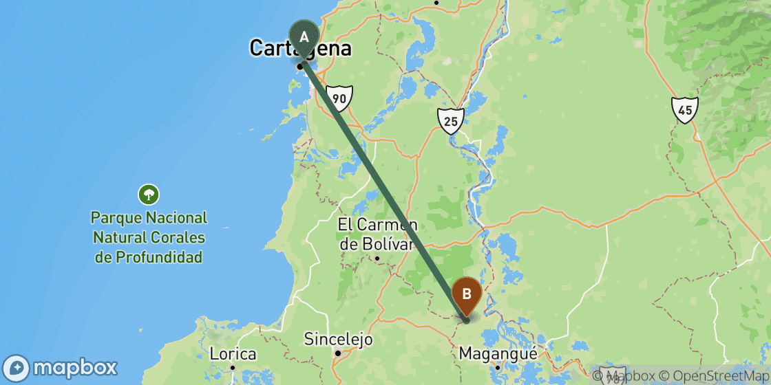 Map showing route from Cartagena to Isla Grande - 36 km