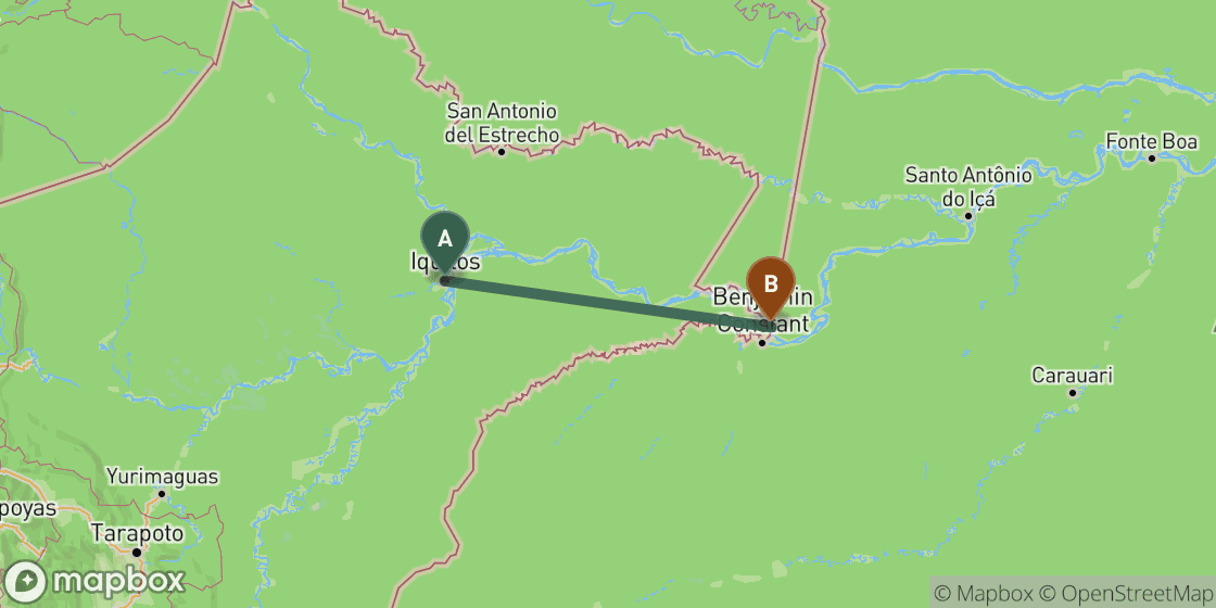 Mapa que muestra la ruta de Iquitos a Leticia - 370 km