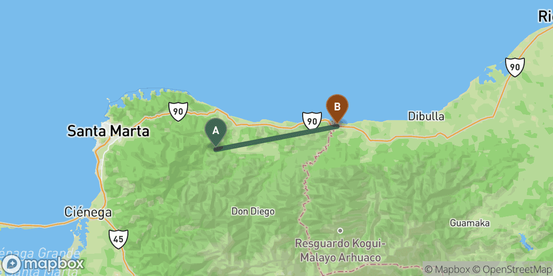 Carte montrant l’itinéraire de Santa Marta à Palomino - 70 km