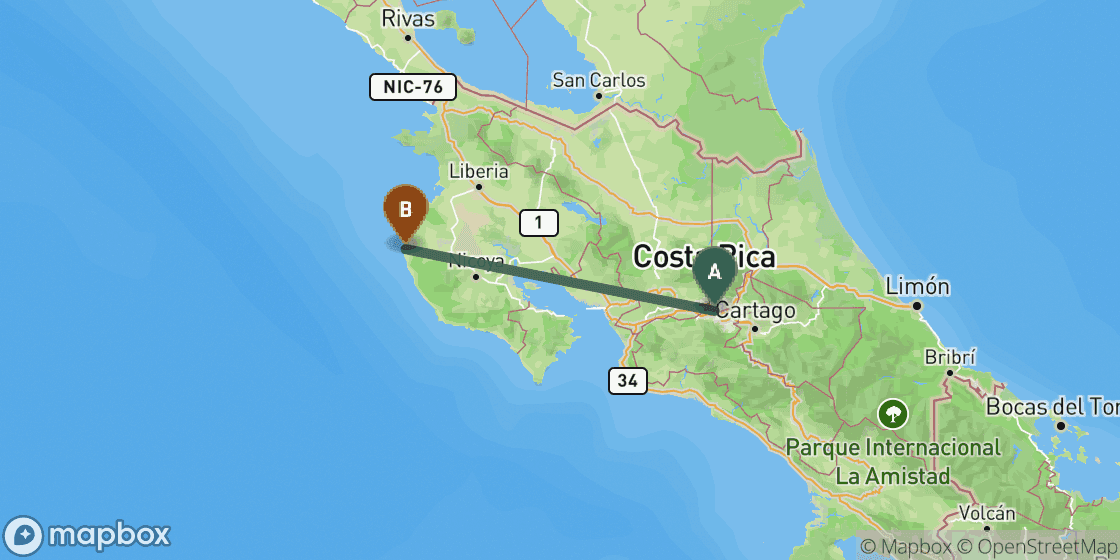 Map showing route from San Jose to Tamarindo - 192 km