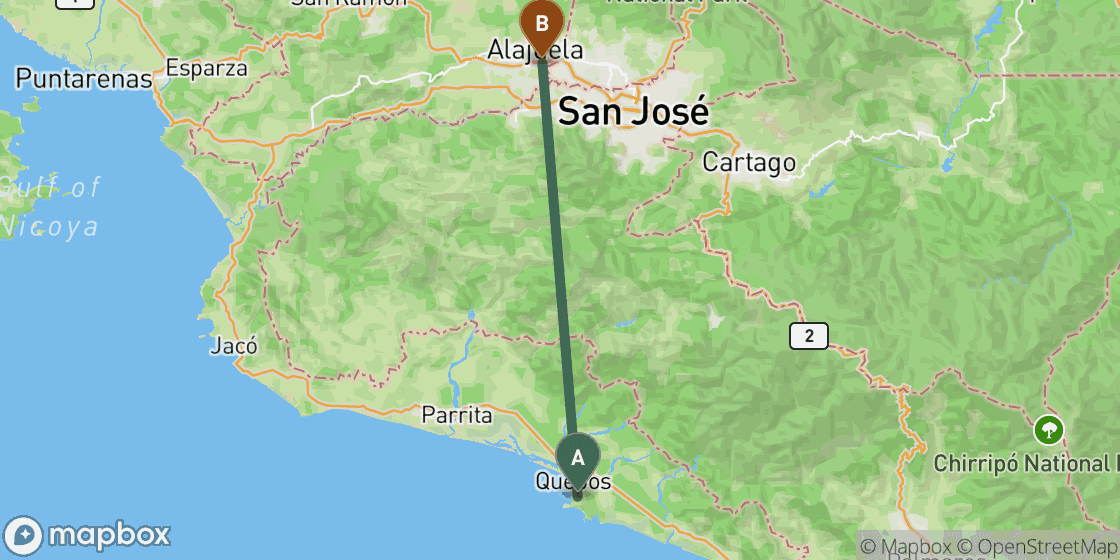 Map showing route from Manuel Antonio to San Jose - 59 km