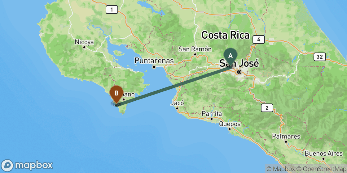 Mapa que muestra la ruta de San Jose a Santa Teresa - 124 km