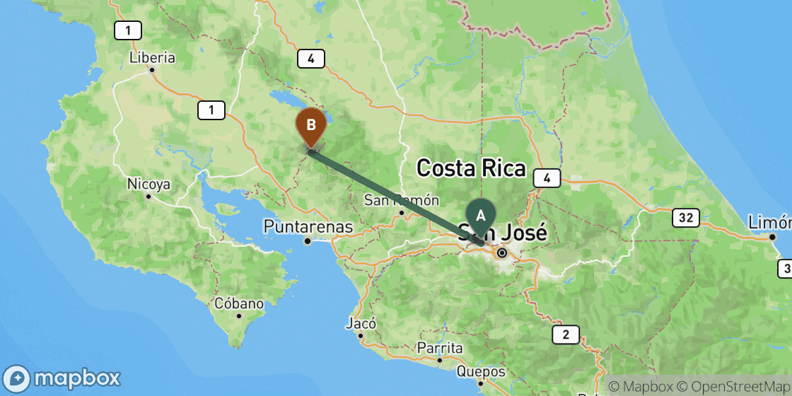 Kaart met de route van San Jose naar Monteverde - 90 km