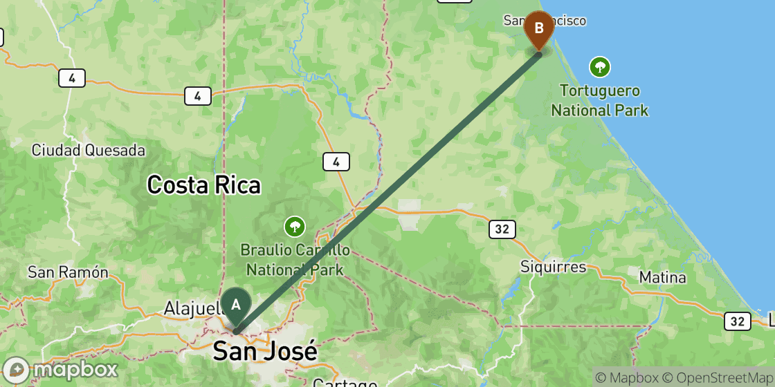 Map showing route from San Jose to Tortuguero - 95 km