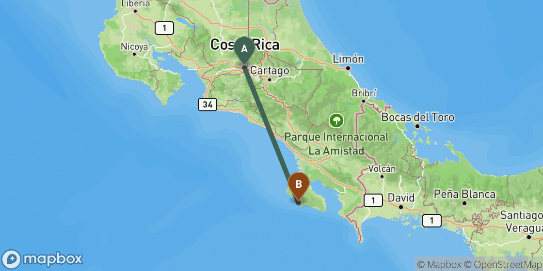 Map showing route from San Jose to Corcovado - 170 km