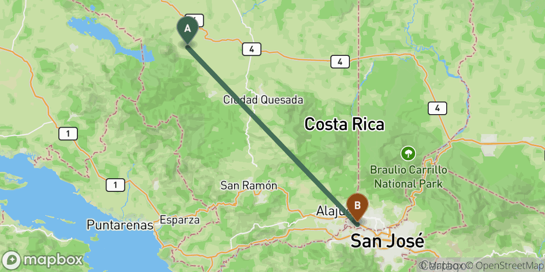 Kaart met de route van La Fortuna naar San Jose - 86 km