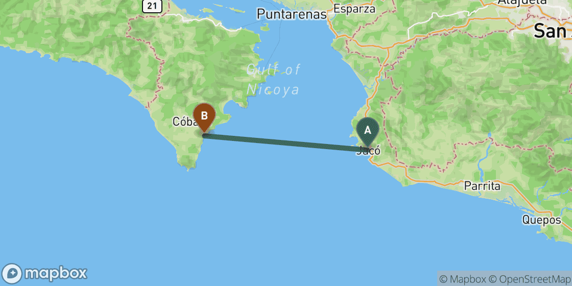 Kaart met de route van Jaco naar Montezuma - 48 km