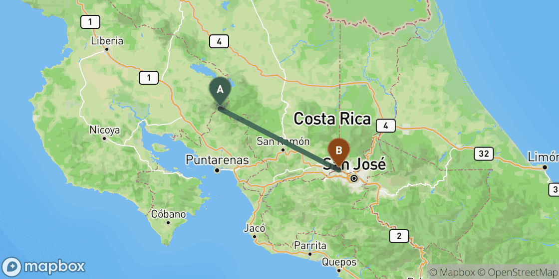 Map showing route from Monteverde to San Jose - 90 km