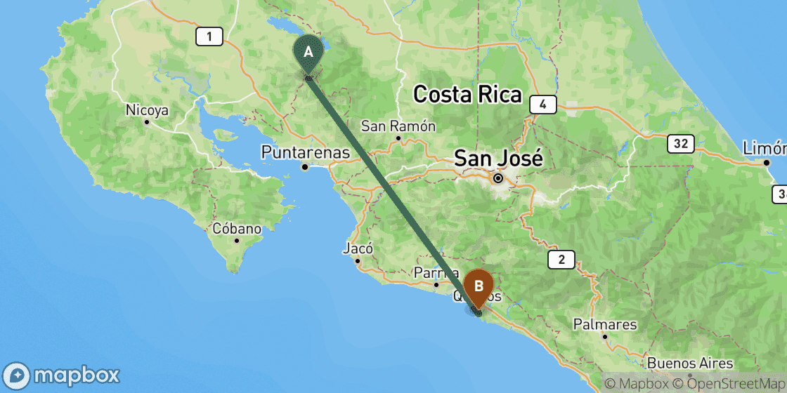 Map showing route from Monteverde to Manuel Antonio - 123 km