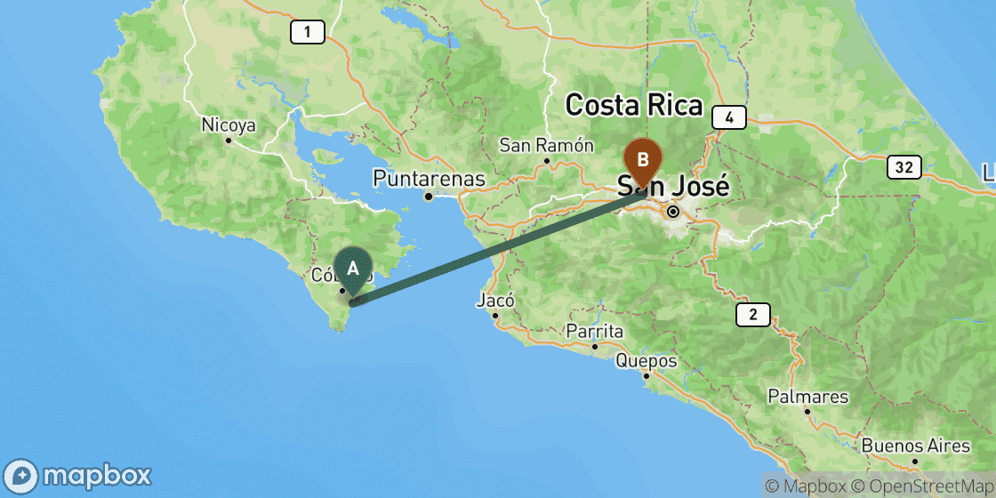 Mapa que muestra la ruta de Montezuma a San Jose - 113 km