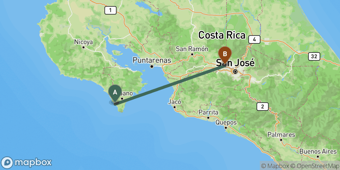 Karte mit der Route von Santa Teresa nach San Jose - 124 km