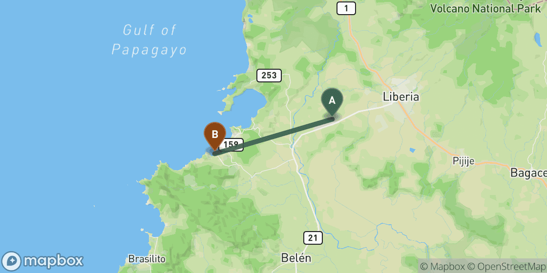 Map showing route from Liberia to Playas del Coco - 30 km