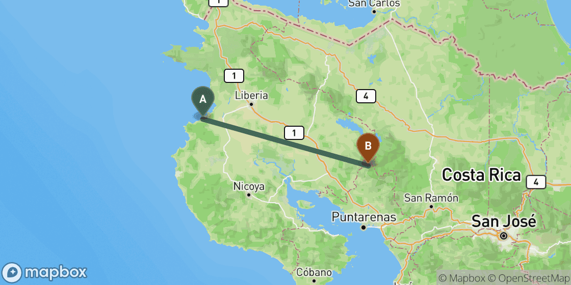 Kaart met de route van Playas del Coco naar Monteverde - 101 km