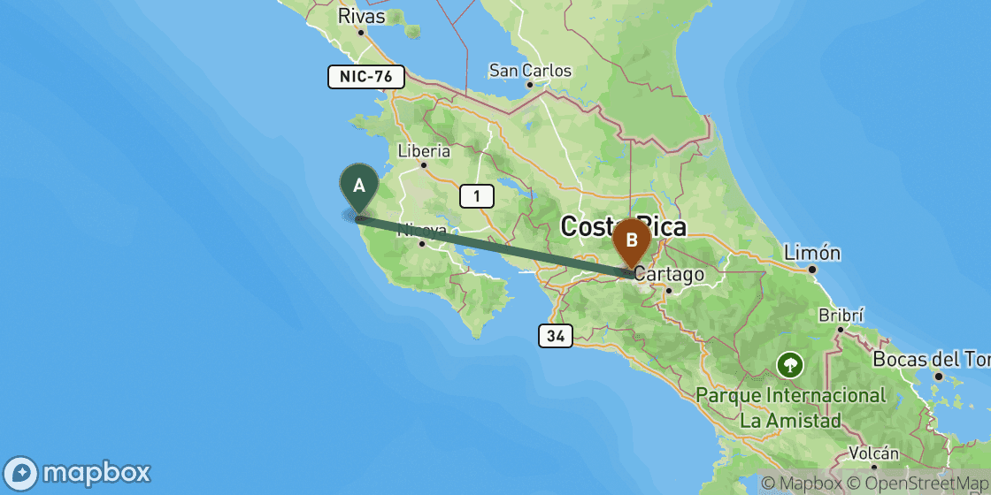 Kaart met de route van Tamarindo naar San Jose - 192 km